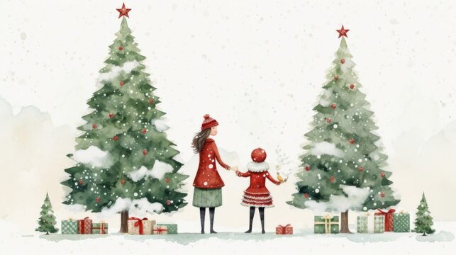 A festive watercolor depicts an adorable Christmas family gathered near a Scandinavian red and green Christmas tree, crafted in a crochet-like style. The illustration is reminiscent of a postcard.