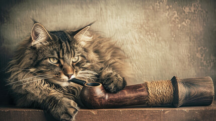 A cat rests comfortably on the ground, holding a pipe in its paws - obrazy, fototapety, plakaty