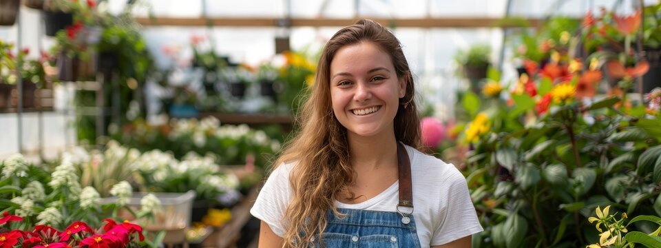 Portrait of Smiling Female Small Business Owner amidst Farm Flowers, Plants, and Garden Background