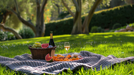 A wicker picnic basket with fresh fruits, a bottle of champagne, and a glass poured out, set upon a cozy blanket on sun-dappled grass - obrazy, fototapety, plakaty