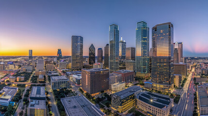 Fototapeta premium Aerial perspective captures the city skyline illuminated by the colorful hues of sunset, as buildings stand out against the fading light
