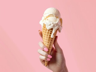 Hand holding a melting vanilla ice cream cone realistic simple background just hands hot pink background.