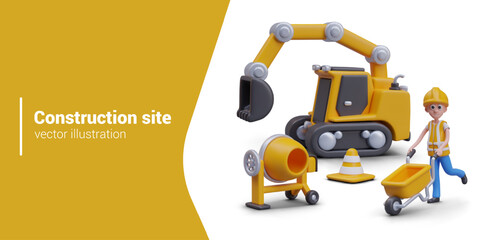 Fototapeta premium Scene from construction site. Worker in overalls rolls wheelbarrow