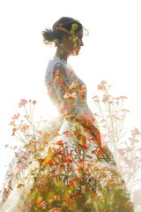 woman in a dress with a full skirt double exposure with field flowers, white background, spring vibes, womens day