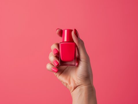 Hand holding a boutique nail polish bottle hot pink background blank mock-up products suitable for brand photography.