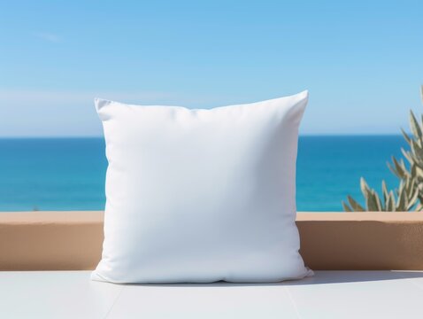 Hands holding a white throw pillow with a coastal beach scene behind soft blue sky background blank mock-up products suitable for brand photography.
