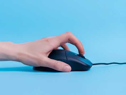 Hand holding a mouse and editing a video timeline blue background blank mock-up products suitable for brand photography.