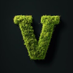 Letter V with moss. Large soft forest font. Green typographic symbol made of leaves. Concept of comfort
