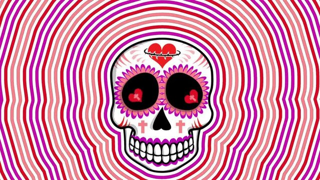 Seamless psychedelic background with Mexican sugar skull with wave effect. Halloween vector style animation with catrina illustration 