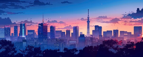 Fototapeta na wymiar Japanese Urban Majesty, Skyline of a Vibrant Japanese City, Blending Modernity with Timeless Tradition