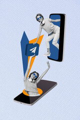 Creative vertical collage poster wireless communication app messenger receive send sms reply...