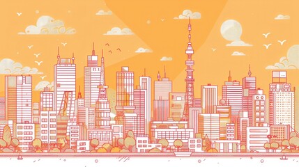 Tokyo in Lines: Simple and Bold Landscape Depiction of the Cityscape, Featuring Tokyo's Iconic Buildings with Thick, Simplistic Lines