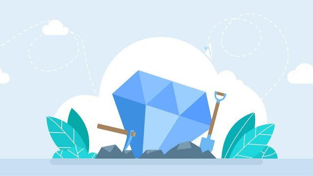 Blue diamond. Shovel and pickaxe with wooden handle for extraction diamonds. Pickaxe, shovel, mining tool, treasure hunting logo or emblem. Isolated on a white background. 2d flat animation	