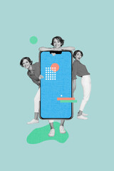 Vertical creative photo collage smiling three women huge smartphone device digital device gadget...