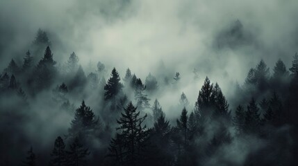 Enigmatic Reverie, Wallpaper Background Featuring a Fog-Covered Forest, Evoking Mystery and Intrigue