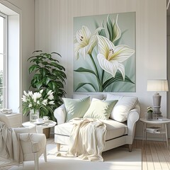 Living room with furniture, flower painting on wall, rectangular table