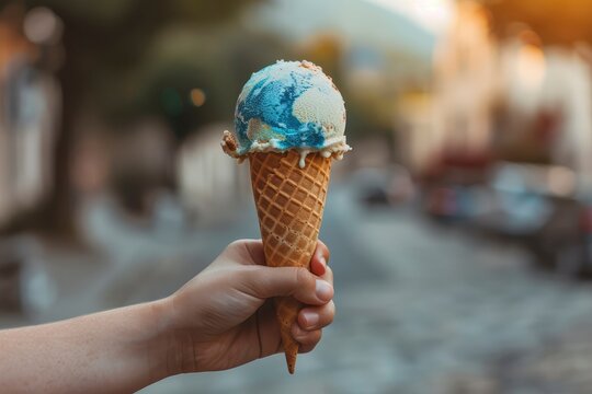 A conceptual image of a hand holding an melting ice cream cone designed to look like the Earth, with a bokeh background. Global warming concept
