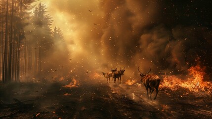 Obraz na płótnie Canvas A deer faces a massive blaze in the forest, surrounded by smoke and flames