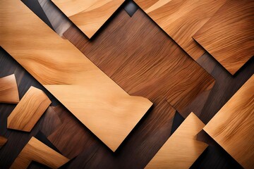A top view of a modern wooden desk with geometric abstract shapes, presenting a contemporary background for text.