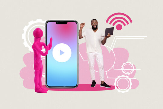 Creative abstract collage of young happy american man hold laptop freelance wifi iphone figure blogger isolated on painted background