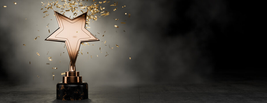Top Performance Award. Gold star on a blue background as a reward. Winners Cup. Winner certificate. First place in a computer game. Achievements. Victory. Golden confetti. 3D rendering.