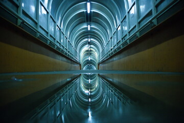 Tunnel illuminated by fluorescent lights