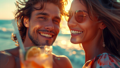 A young couple, immersed in the joy of a beach vacation, holds refreshing fruity cocktails. This vibrant image captures the essence of tropical relaxation and shared moments of happiness.