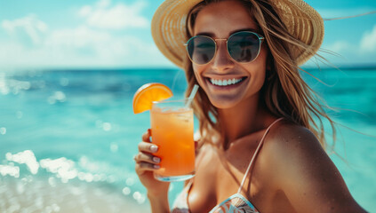 A young girl holds a fruity cocktail on a beach vacation, radiating refreshment and holiday joy. This vibrant image captures the essence of tropical relaxation, refreshing beach getaway. - obrazy, fototapety, plakaty
