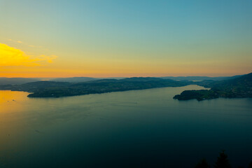 Aerial View over Lake Lucerne and Mountain in Sunset in Lucerne, Switzerland.