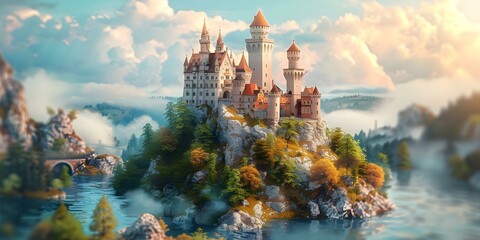 A fairy tale castle on a hill with whimsical elements around. Concept Fantasy, Castle, Whimsical, Hilltop, Fairytale - obrazy, fototapety, plakaty