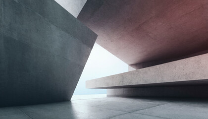 Empty hall of futuristic building with concrete walls