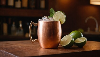 
Moscow Mule cocktail with mint lemon slice and ice on a bar table with green lemons on the side
