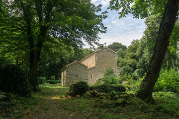 Church of All Saints of Zegaani monastery. Surrounded by trees and bushes, standing on a green field. Illuminated by the sun's rays.