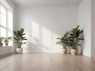 Fototapeta na wymiar modern interior design of vacant white-walled space featuring a wooden floor adorned with a potted plants