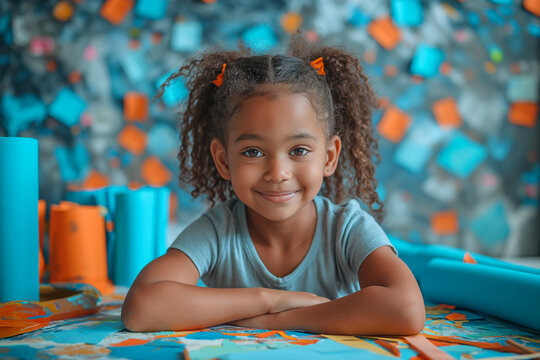 Portrait of a smiling young girl with curly hair sitting at a table covered in colorful paper and paint supplies