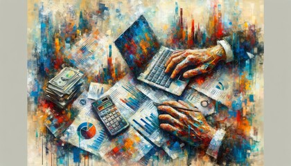Colorful abstract painting of hands working on a laptop with financial elements ideal for representing business analysis and data interpretation - obrazy, fototapety, plakaty