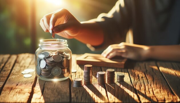 Photo of a hand putting coins in a glass jar with stacked coins beside on a wooden surface conveying savings and investment