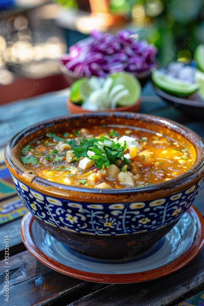 Wall mural pozole soup on wooden background. ai generated