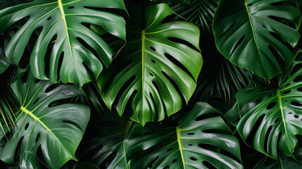 Background of Monstera leaves in deep green, creating a vibrant and tropical texture