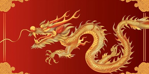 Golden dragon with frame on red background, decorative Chinese backdrop, precarious balance. Happy Chinese New Year, harmonious balance, copy space.