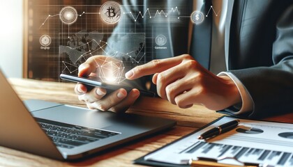 Photo of a businessman using a smartphone with digital cryptocurrency trend graphics overlay, ideal for finance and tech themes