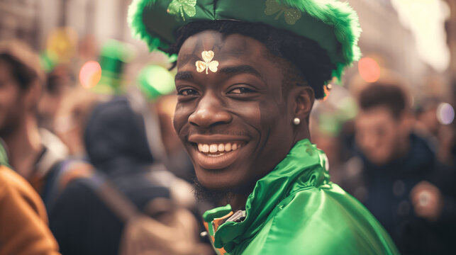 Portrait of an African-American man in a green hat at the bottom of Saint Patrick 