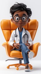 3d character male doctor sitting on a chair on a white background. Generative AI