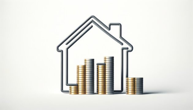 Digital art of a house outline with ascending coin stacks inside for real estate investment themes