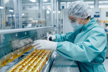 Pharmaceutical Technician Inspecting Medication Production in Cleanroom Facility
