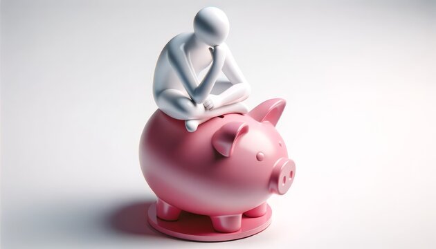 Conceptual image of a stylized person contemplating on a piggy bank ideal for savings and financial planning themes