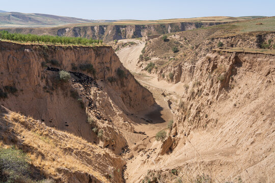 Landscape view of sandy canyon with sheep and goats taking shelter in shade, near Shurobod pass, Khatlon, Tajikistan