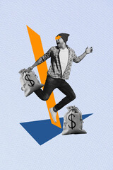 Vertical creative collage picture young funky happy jumping guy rich wealthy money bags dollars...