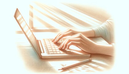 Softly lit image of hands typing on a laptop keyboard ideal for concepts related to writing and technology