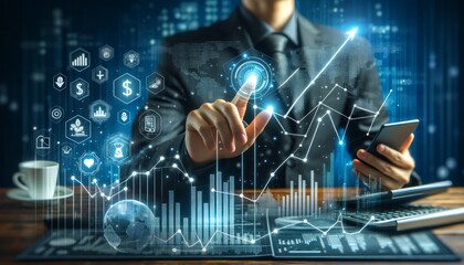 Photo of a businessman interacting with a futuristic growth chart perfect for financial and business designs